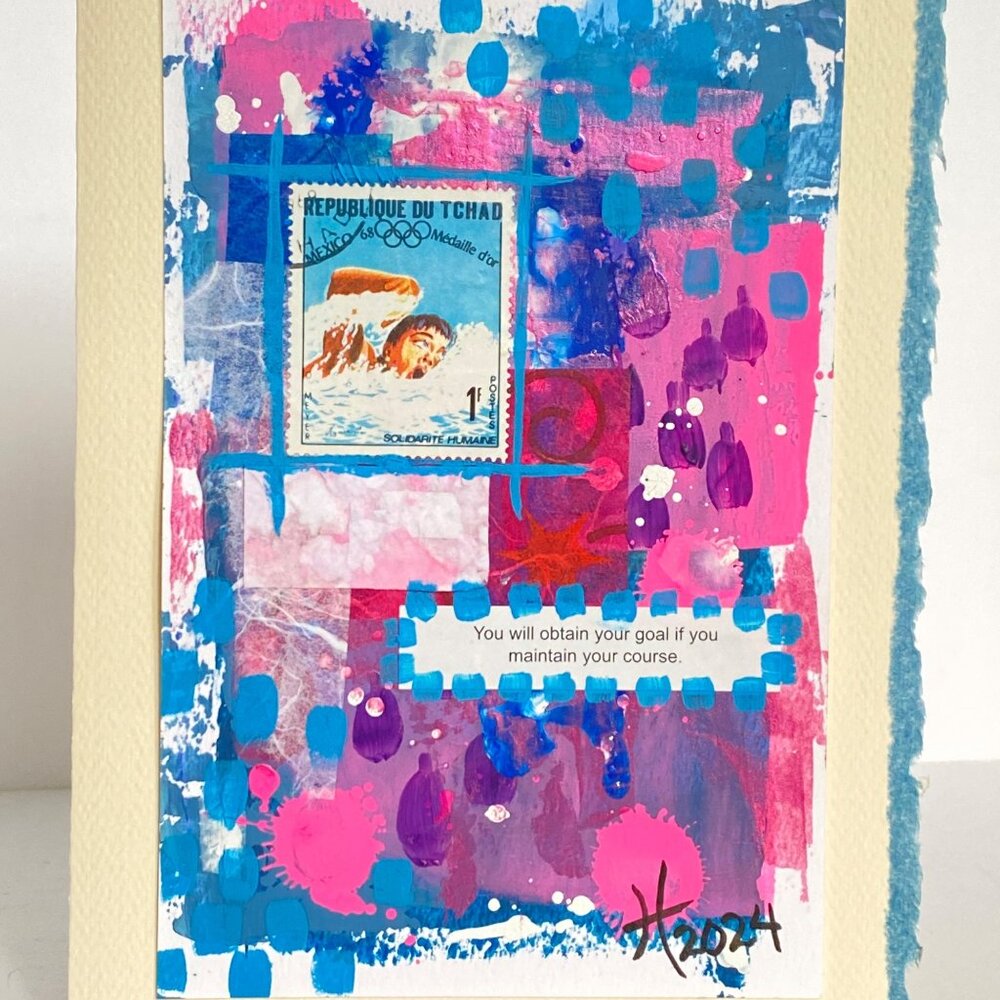 Collage Art Handmade Original Blank Greeting Card and Envelope Olympics Postage